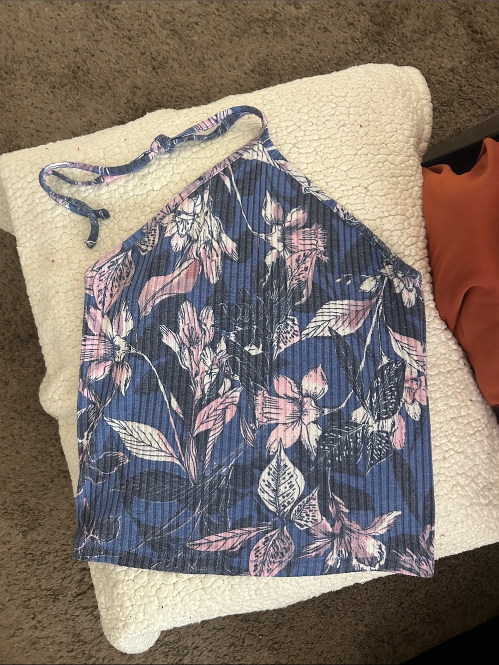 Me to We Blue & Pink Floral Ribbed Halter Camisole